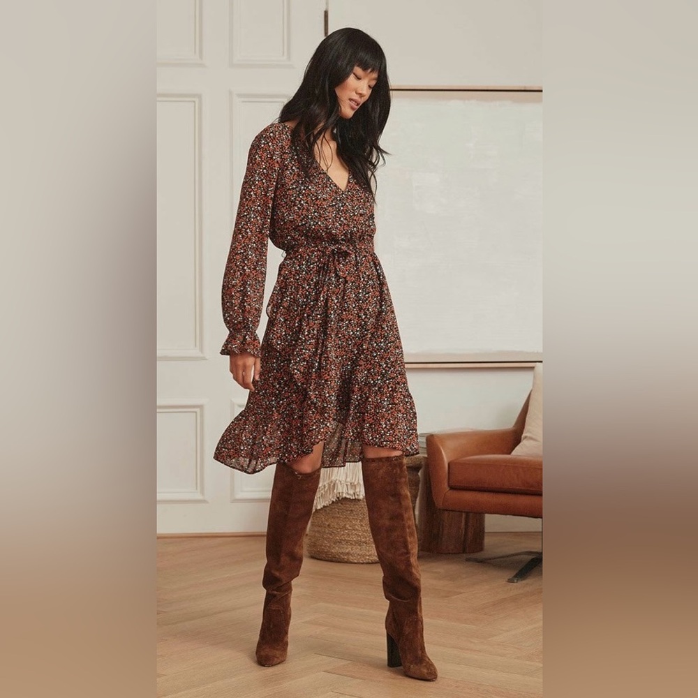 RW & Co Long Sleeve Printed Chiffon High-
Low Dress